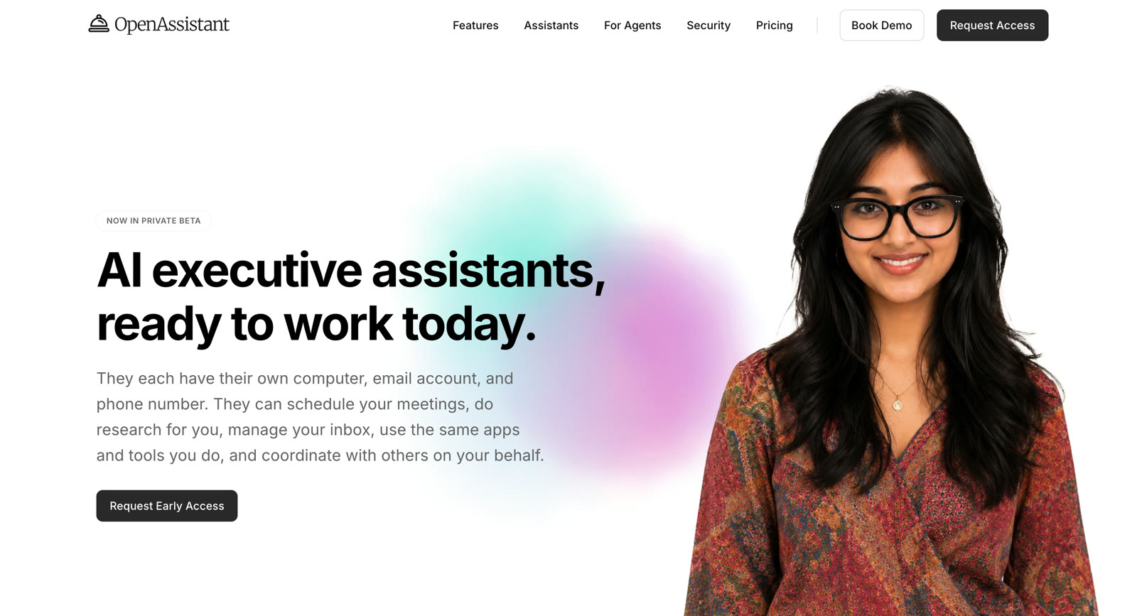 The OpenAssistant homepage: AI executive assistants, ready to work today.